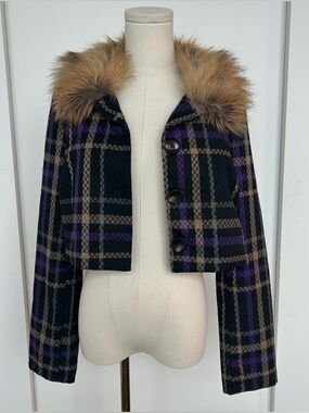 Plaid Cropped Coat with Faux Fur Collar - Black & Purple